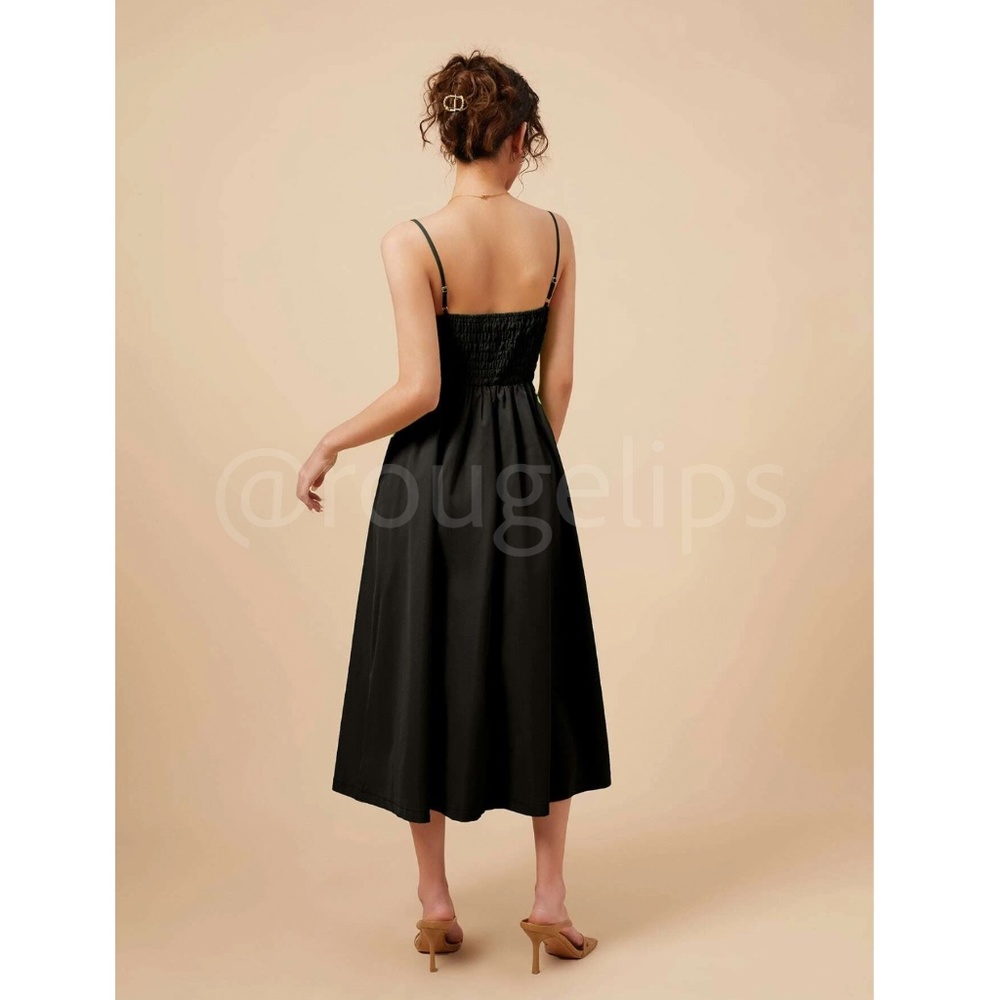 Black Midi Dress Flared Skirt Fitted Bustier Sweetheart Mesh Neckline Cami - Picture 2 of 15